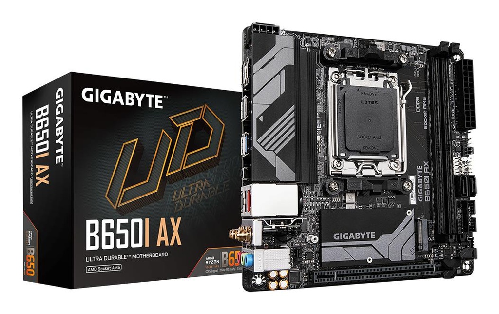 GIGABYTE AMD B650 Socket AM5 mini ITX RAM DDR5-SDRAM 2xSlots Wi-Fi Yes Bluetooth Yes 1xNumber of M.2 (M) slots B650IAX1.