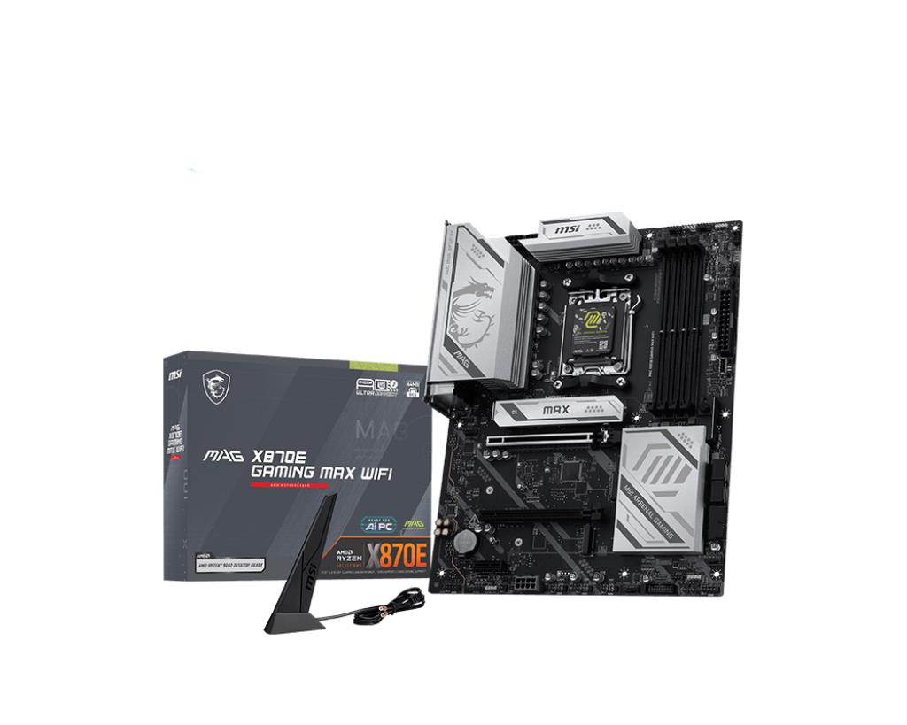 MSI AMD X870E Socket AM5 ATX RAM DDR5-SDRAM 4xSlots Wi-Fi Yes Bluetooth Yes 3xNumber of M.2 (M) slots MAGX870EGAMINGMAXW