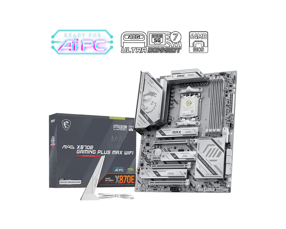 MSI AMD X870E Socket AM5 ATX RAM DDR5-SDRAM 4xSlots Wi-Fi Yes Bluetooth Yes 3xNumber of M.2 (M) slots X870EGAMINPLUSMAXW