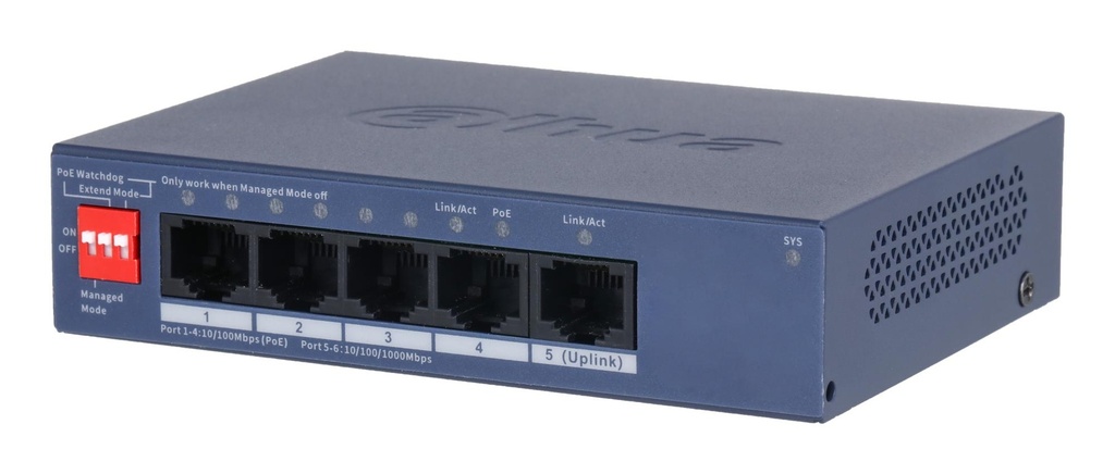 DAHUA DH-CS4005-4ET1GT-36 Switch layer L2 4xRJ-45 ports RJ-45 Ports Type Fast Ethernet (10/100) 1xGigabit Ethernet (copp