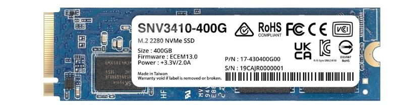 SYNOLOGY SNV3400 400GB M.2 PCIE NVMe Write speed 750 MBytes/sec Read speed 3000 MBytes/sec TBW 491 TB MTBF 1800000 hours