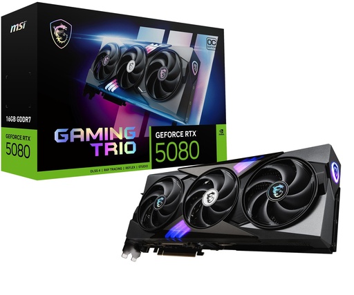 [GEFORCE RTX 5080 16G GAMING TRIO OC] MSI NVIDIA GeForce RTX 5080 16 GB GDDR7 256 bit PCIE 5.0 16x Dual Slot Fansink 1xHDMI 3xDisplayPort RTX508016GGAMTRIOOC