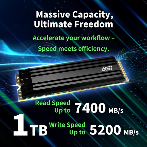 [AGI1T0G44AI828-CB] AGI 750xTBW rating MTBF 2000000 h Read speed 7400 MB/s Write speed 5200 MB/s NVMe Yes PCI Express 4.0 M.2 1000 GB AGI1T0