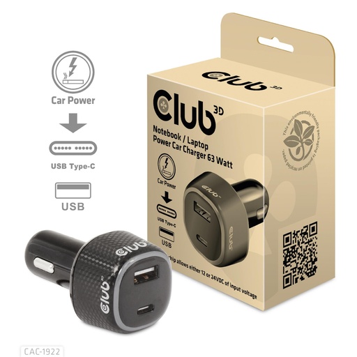 [CAC-1922] NB CHARGER CAR USB+USB-C/63W CAC-1922 CLUB3D