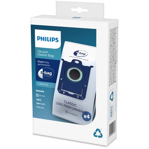 [FC8021/03] Philips s-bag Vacuum cleaner bags FC8021/03 4 x dust bags One standard fits all 50% longer lifetime 15% more capacity