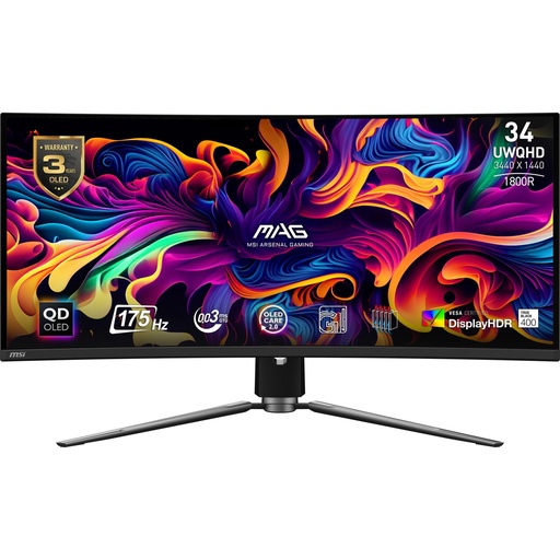 [MAG341CQPQD-OLED] MSI 34" Curved/21 : 9 Panel QD-OLED 3440x1440 21:9 175Hz Matte 0.03 ms Swivel Height adjustable Tilt Colour Black MAG341