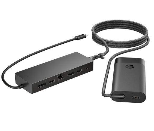 [9H0H9AA#ABB] HP Universal USB-C Multiport Hub with 65W Power Adapter Notebook Charger - 2x USB-A, 2x USB-C(65W/Data), DisplayPort/HDMI, RJ-45, 1 year