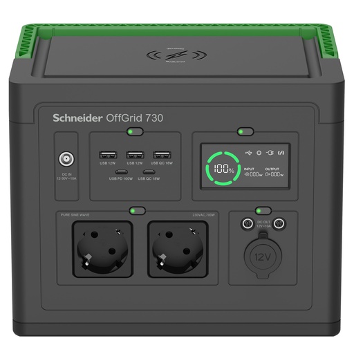 [PPS730-GR] Schneider OffGrid Portable Power Station 730, 738Wh Lithium-ion, LCD, 2 CEE 7/3 Schuko outlets, Sinewave, 3 USB-A, 2 USB-C, Wireless Charger